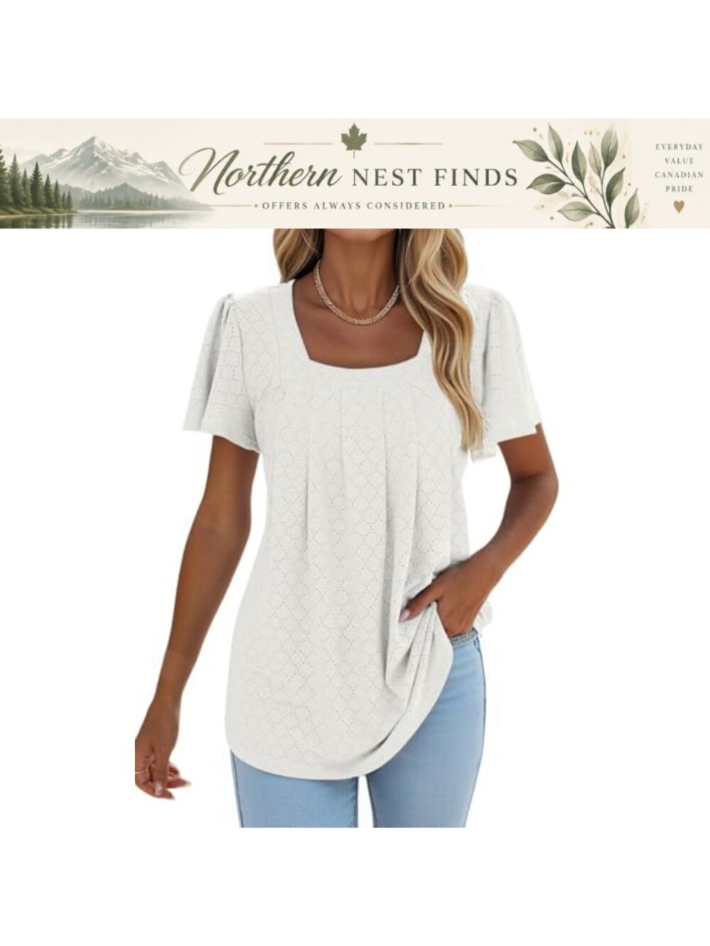 Pleated Square Neck Ruffle Sleeve Tunic Top Loose Fit Curved Hem